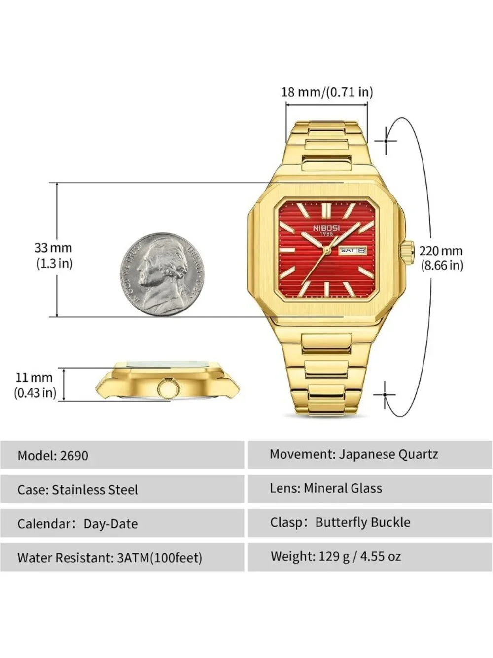Nibosi Men's Gold Red Analog Quartz Stainless Steel Waterproof Date Square Watch